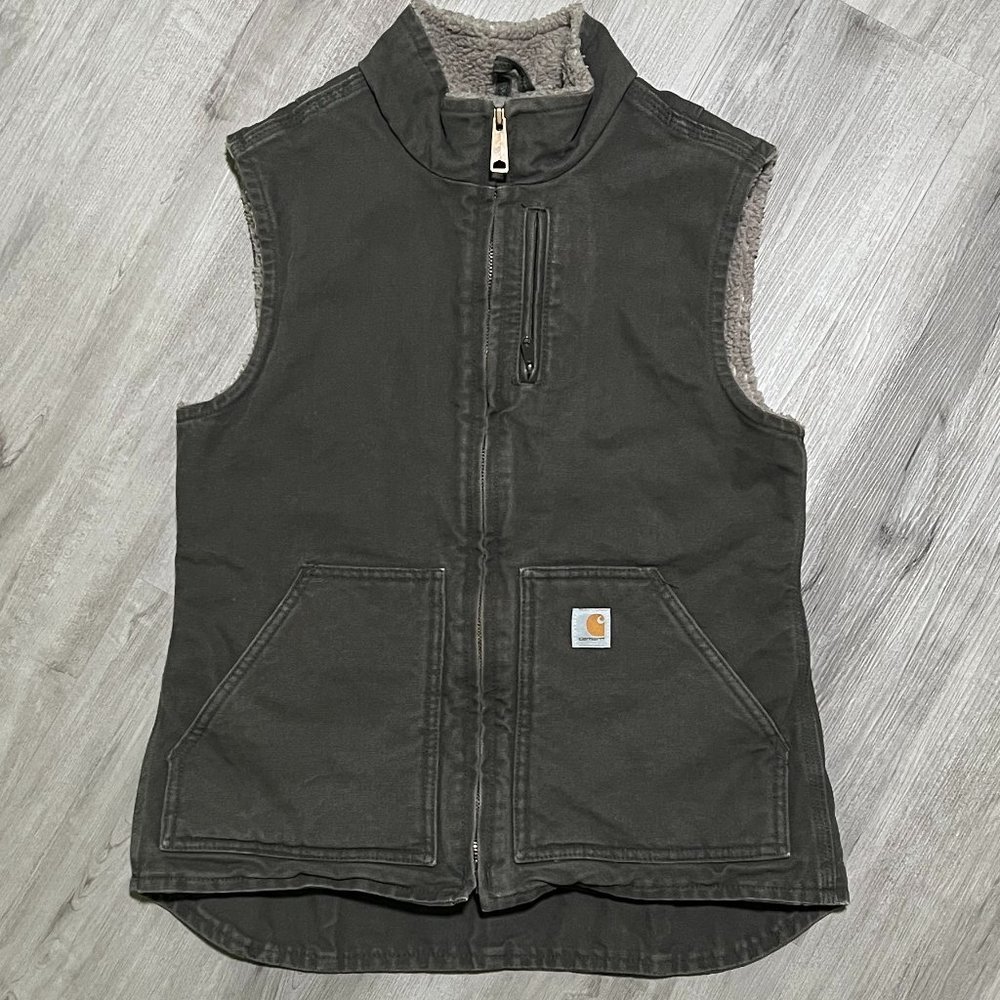 Vintage Gray-Green Mock Neck Sherpa Lined Carhartt Vest (XS)